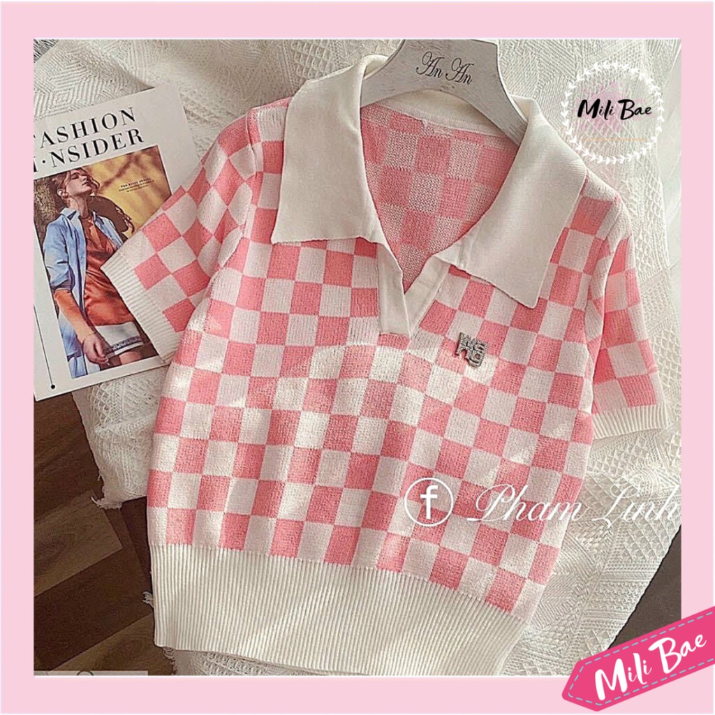 Áo Thun Polo Tay Ngắn Caro Cổ Đức Len Dệt Kim Croptop Ulzzang Form Rộng Hàng Quảng Châu Đẹp Mili Bae Store (ảnh thật)