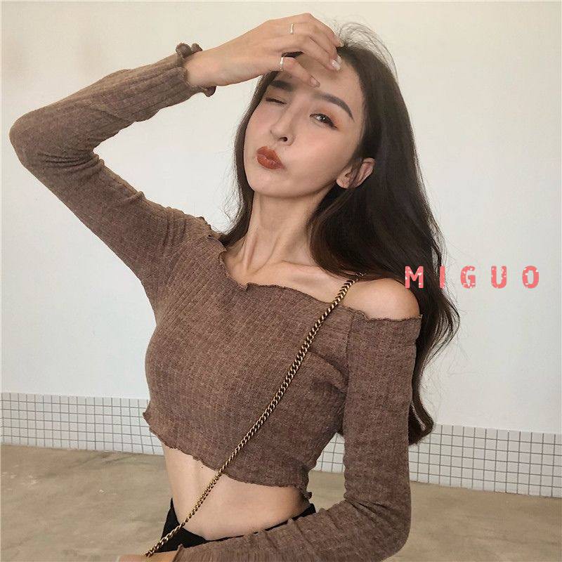 Áo croptop dệt kim tay dài trễ vai màu trơn quyến rũ cho nữ