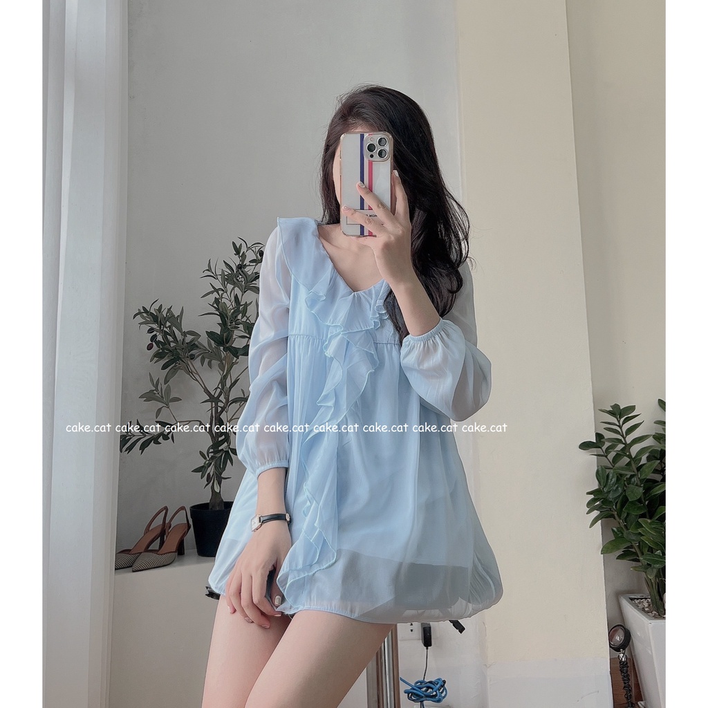 [SẴN/ VIDEO THẬT] Áo Babydoll Voan Lụa Viền Bèo Xanh