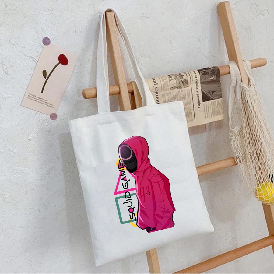 Túi tote túi vải canvas phong cách Hàn quốc, có khóa miệng in hình squid game trò chơi con mực