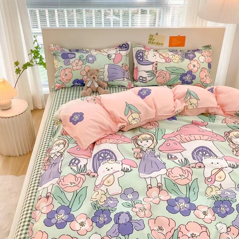 BỘ CHĂN GA GỐI COTTON POLY HÀN QUỐC CÔ BÉ RỪNG HOA