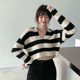Áo Len Cổ Tim Dài Tay Họa Tiết Sọc Ngang Trẻ Trung Dành Cho Nữ