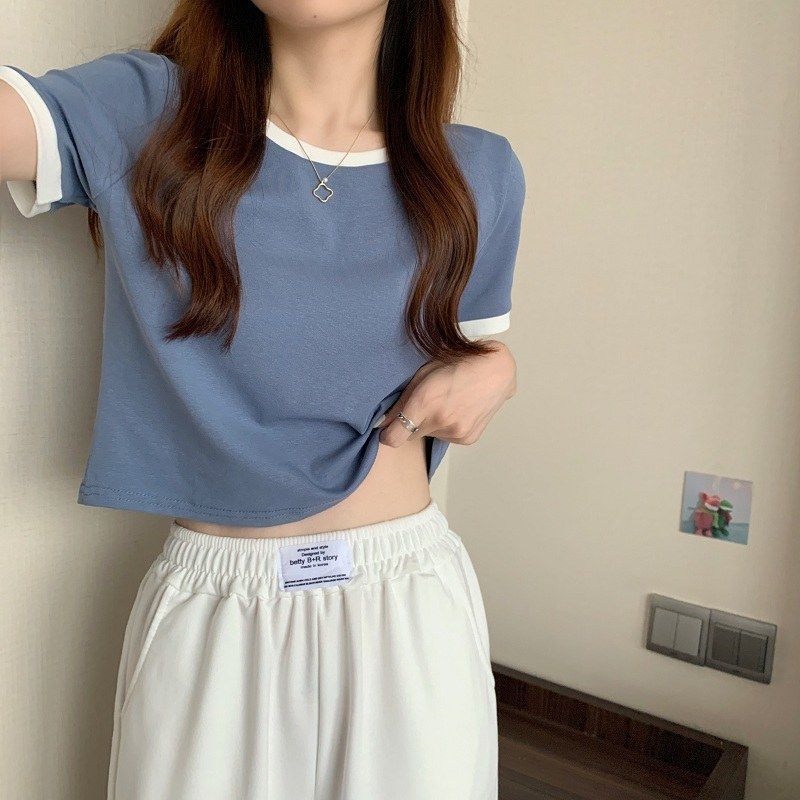 NZN Áo Thun Tay Ngắn Cổ Tròn Màu Sắc Tương Phản Phong Cách Hàn Quốc Thời Trang Mùa Hè Cho Nữ