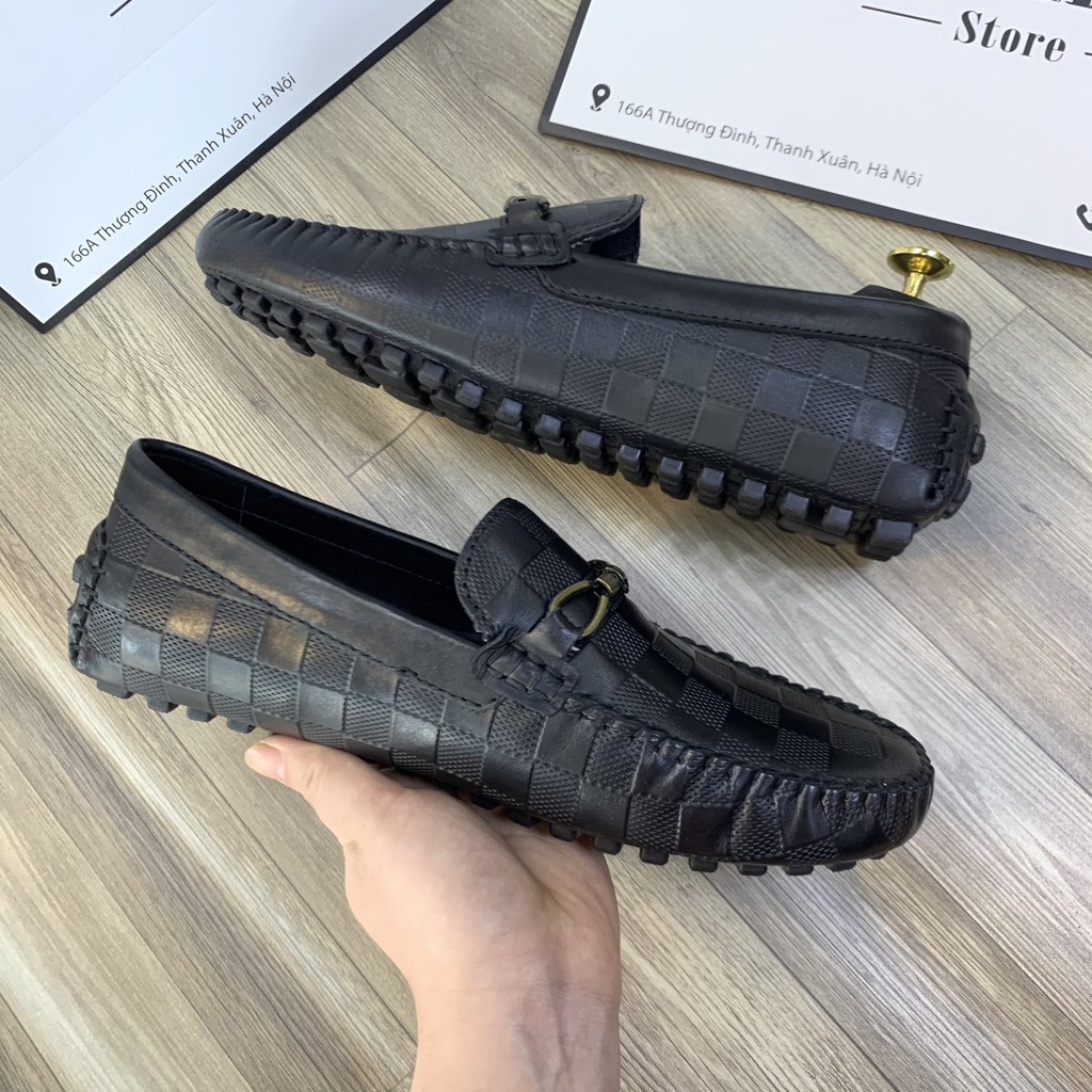 Giày lười GUCI da bò cho Nam có khóa đồng họa tiết caro, đế khâu chỉ chắc chắn KÈM HỘP và bảo hành 12 tháng
