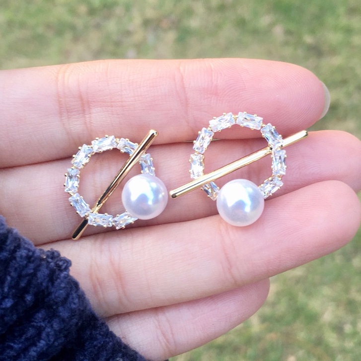 Bông tai bạc 925 hình tròn đính ngọc trai thời trang Hàn Quốc mới cho nữ