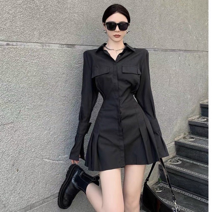 Đầm sơ mi cổ chữ V tay dài,váy thiết kế cao cấp Polo cotton mịn kèm dây buộc eo tiểu thư dự tiệc dạo phố XM Minh Phúc