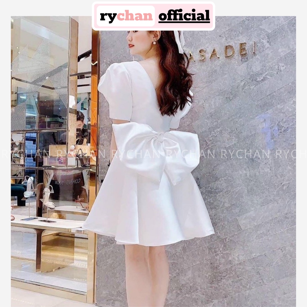 Đầm Xòe Trắng Cổ Vuông Tay Phồng Đính Nơ Lưng Lót Trong Dày Dặn - DX0123