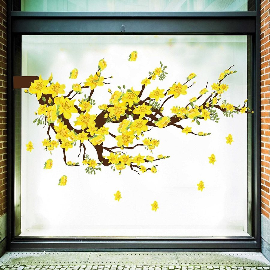 Decal trang trí tết cao cấp hoa mai dán cửa kính có keo sẵn trang trí văn phòng cửa hàng có keo sẵn dễ tháo dán Lala
