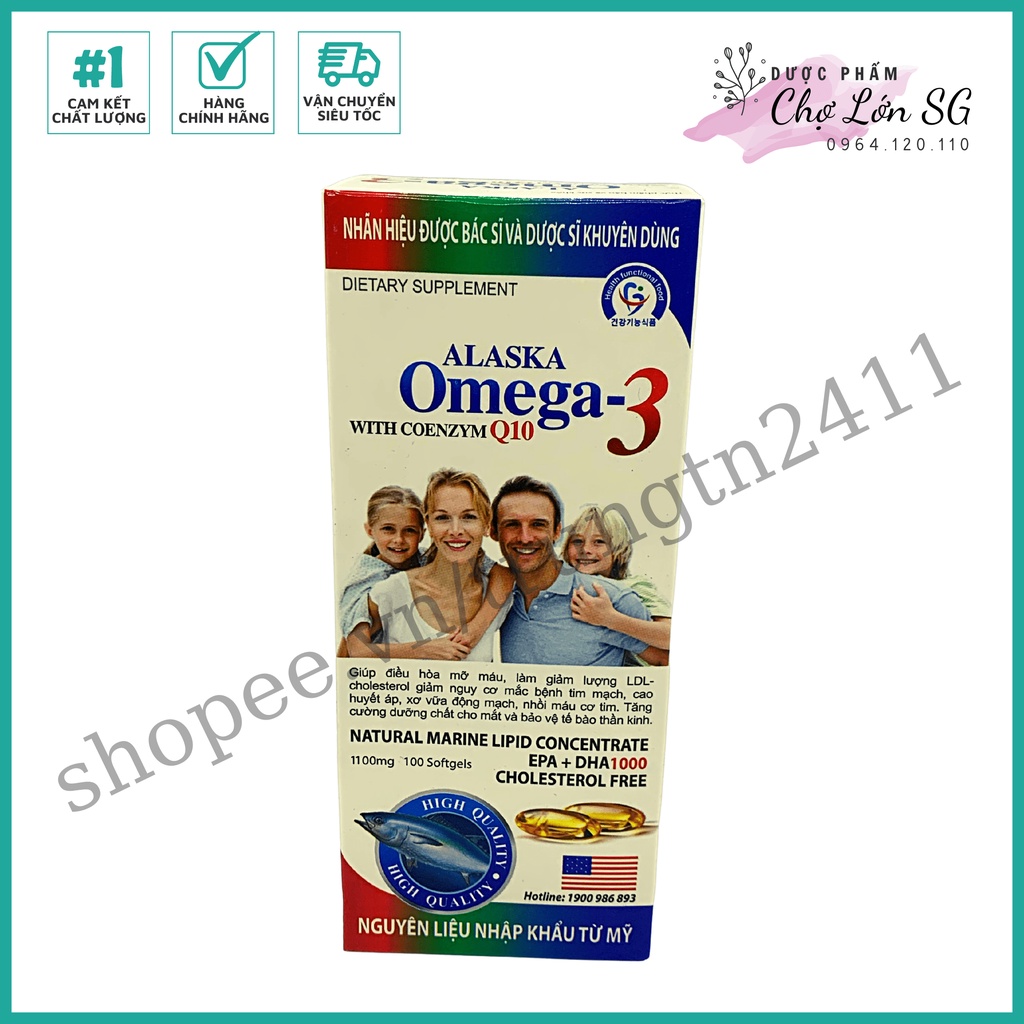 Viên dầu cá ALASKA OMEGA 3 WITH COENZYM Q10 hỗ trợ sức khỏe tim mạch và mắt  - Chai 100v