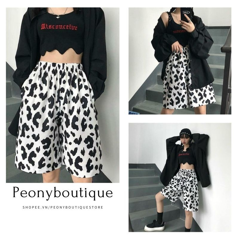 Quần Đùi Nữ Bò Sữa Trơn 🌺 Quần soóc nữ cạp chun ống lửng màu loang đen - trắng trendy SIÊU HOT 🌺