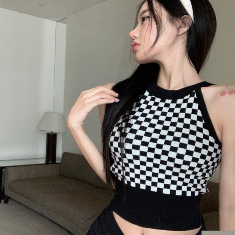 Áo croptop không tay họa tiết caro phong cách Hàn Quốc quyến rũ cho nữ