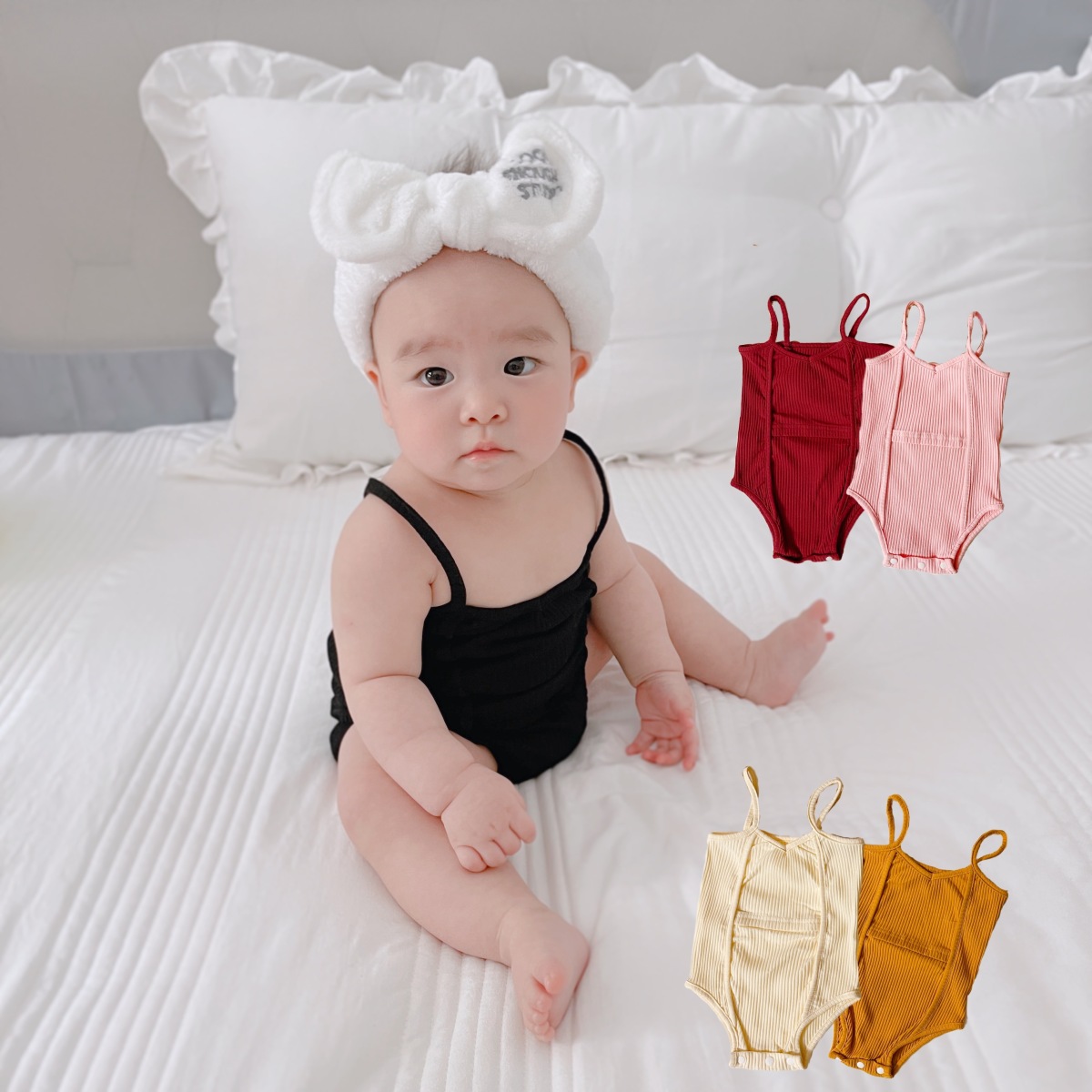 Áo liền quần cotton kiểu hai dây màu trơn thời trang dành cho bé sơ sinh vào mùa hè