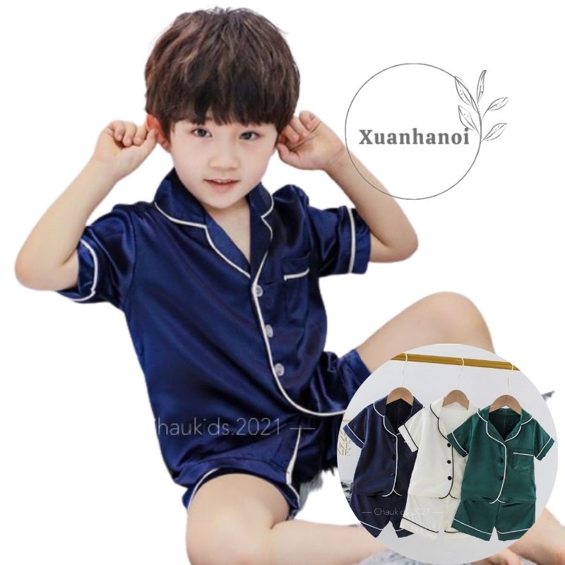 Bộ ngủ lụa dài tay cho bé,bộ mặc nhà,Bộ Pijama satin lụa bo viền cho bé trai bé gái hàng chuẩn xịn XHN692