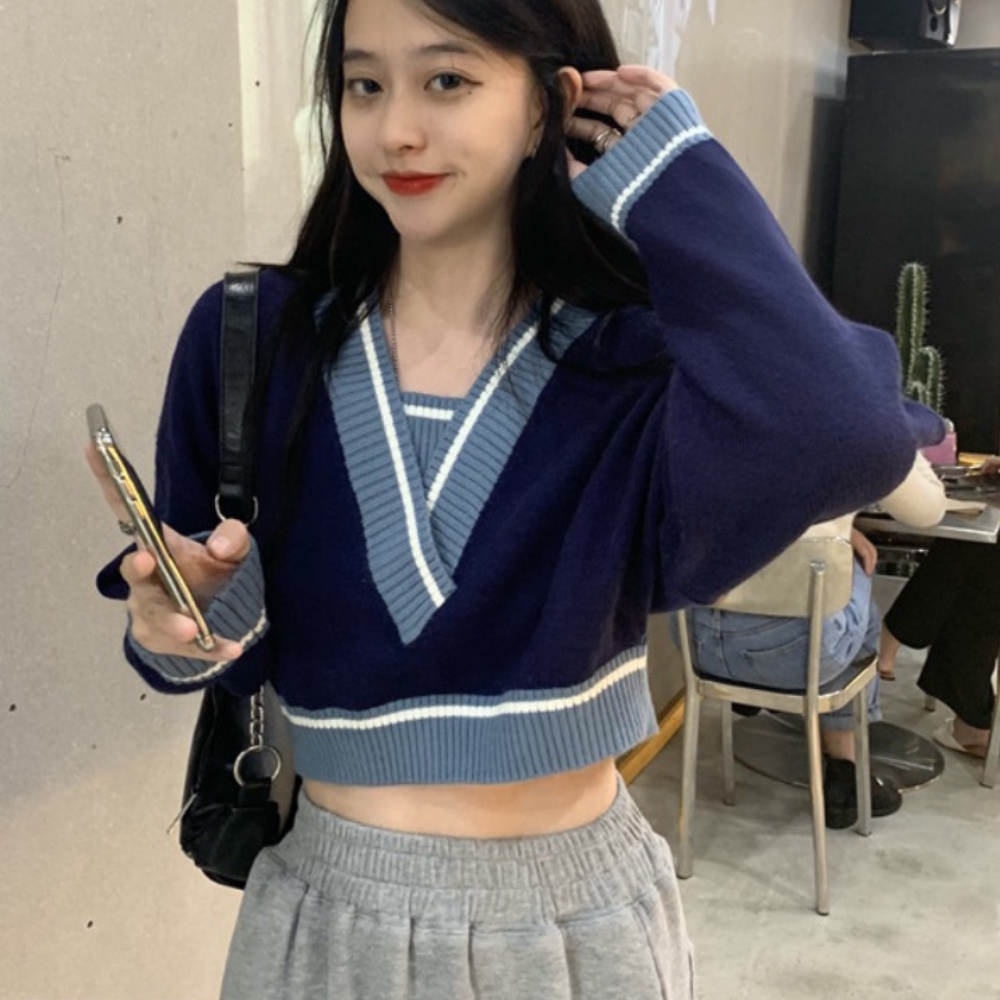 Korean Style Women Knitted V-neck Stripes Sweater Student Loose Long Sleeve