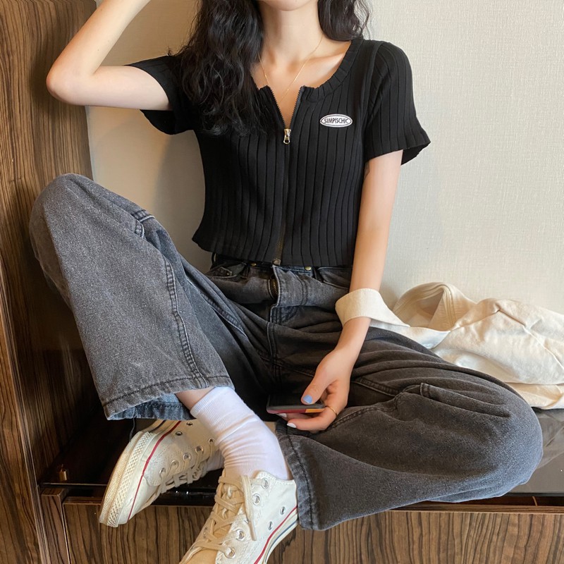 Áo croptop dệt kim cổ tròn thiết kế khóa kéo phong cách Hàn Quốc thời trang nữ | BigBuy360 - bigbuy360.vn