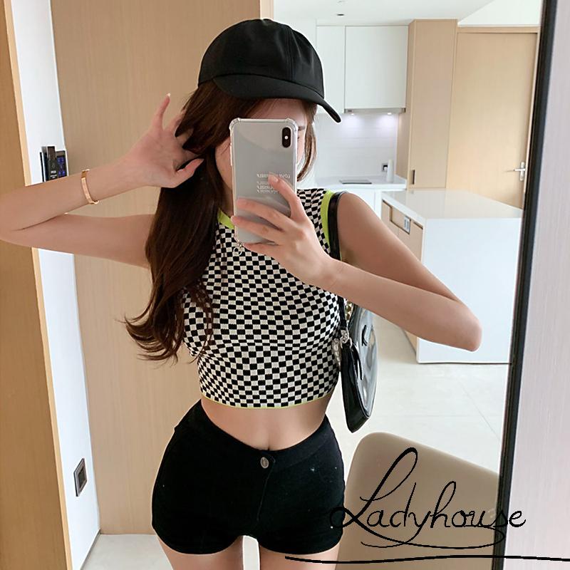 Áo croptop không tay họa tiết sọc caro thời trang mùa hè cho nữ