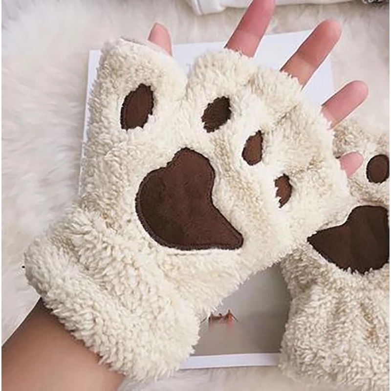 Găng tay hở ngón vải nhung lông dày dặn giữ ấm mùa đông hình đệm chân mèo gấu dễ thương có dây