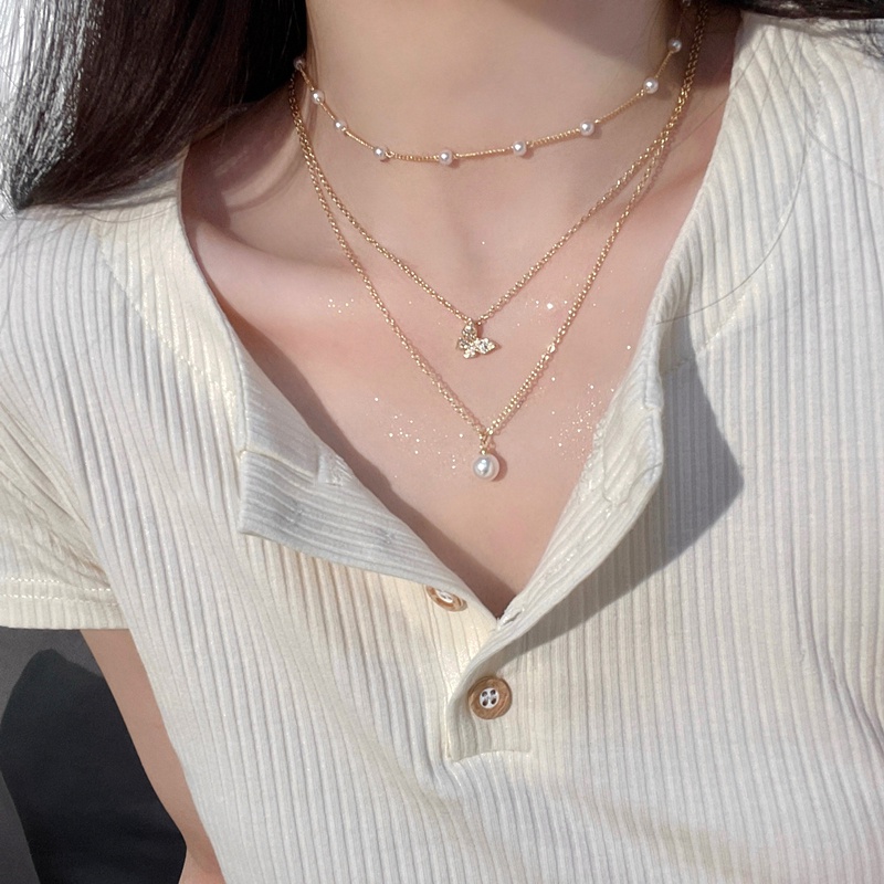 Vòng cổ Mạ Vàng Nhiều Lớp Mặt Hình Bướm Đính Ngọc Trai Đơn Giản