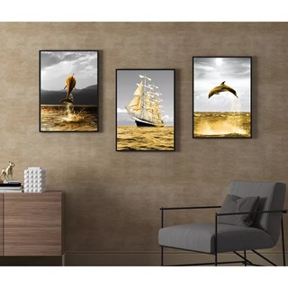 Bộ tranh treo tường canvas thuyền buồm và cá heo VIP 875- 30 x 45 cm x 3 - có khung composite