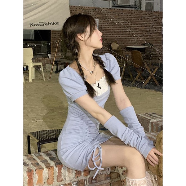 Đầm váy body rút dây cổ vuông phối bèo trắng tay rời
