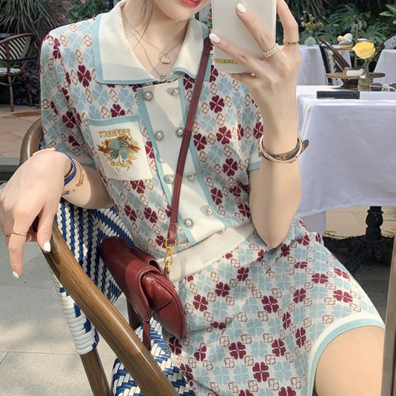 Bộ Áo Dệt Kim Ngắn Tay + Chân Váy Lưng Cao Xinh Xắn Dành Cho Nữ