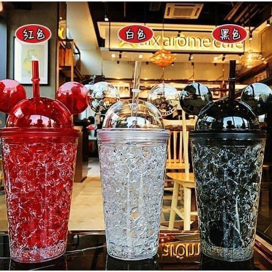 Cốc uống nước mickey kèm ống hút thiết kế 2 lớp giữ nhiệt ép đá lấp lánh