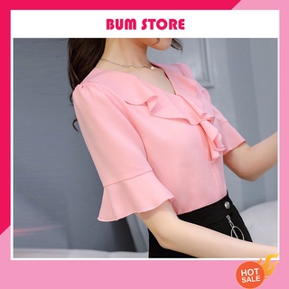 Áo sơ mi nữ công sở cổ bèo ngắn tay cách điệu phong cách duyên dáng