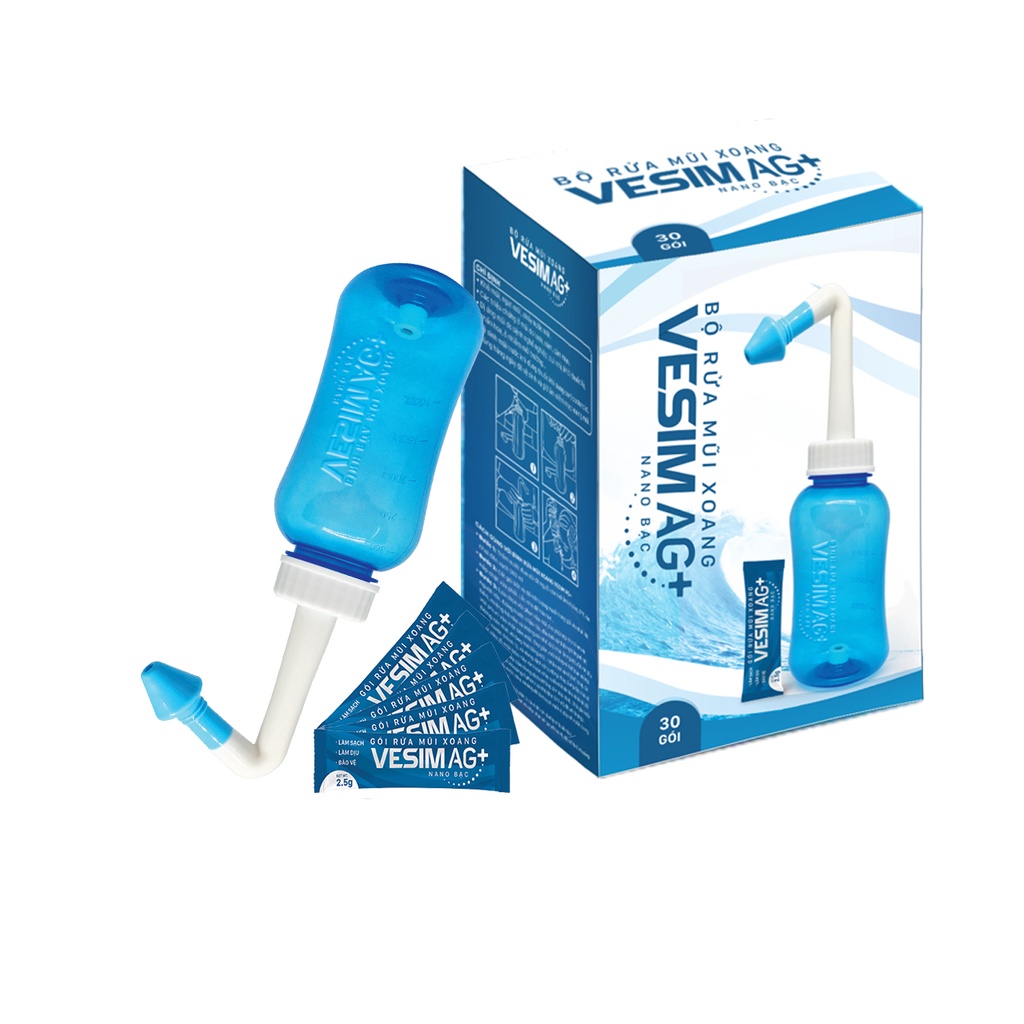 Bộ rửa mũi Vesim AG+ Nano bạc cải tiến 300ml và 30 gói muối rửa mũi xoang Nano Bạc vệ sinh mũi, ngăn ngừa viêm xoang