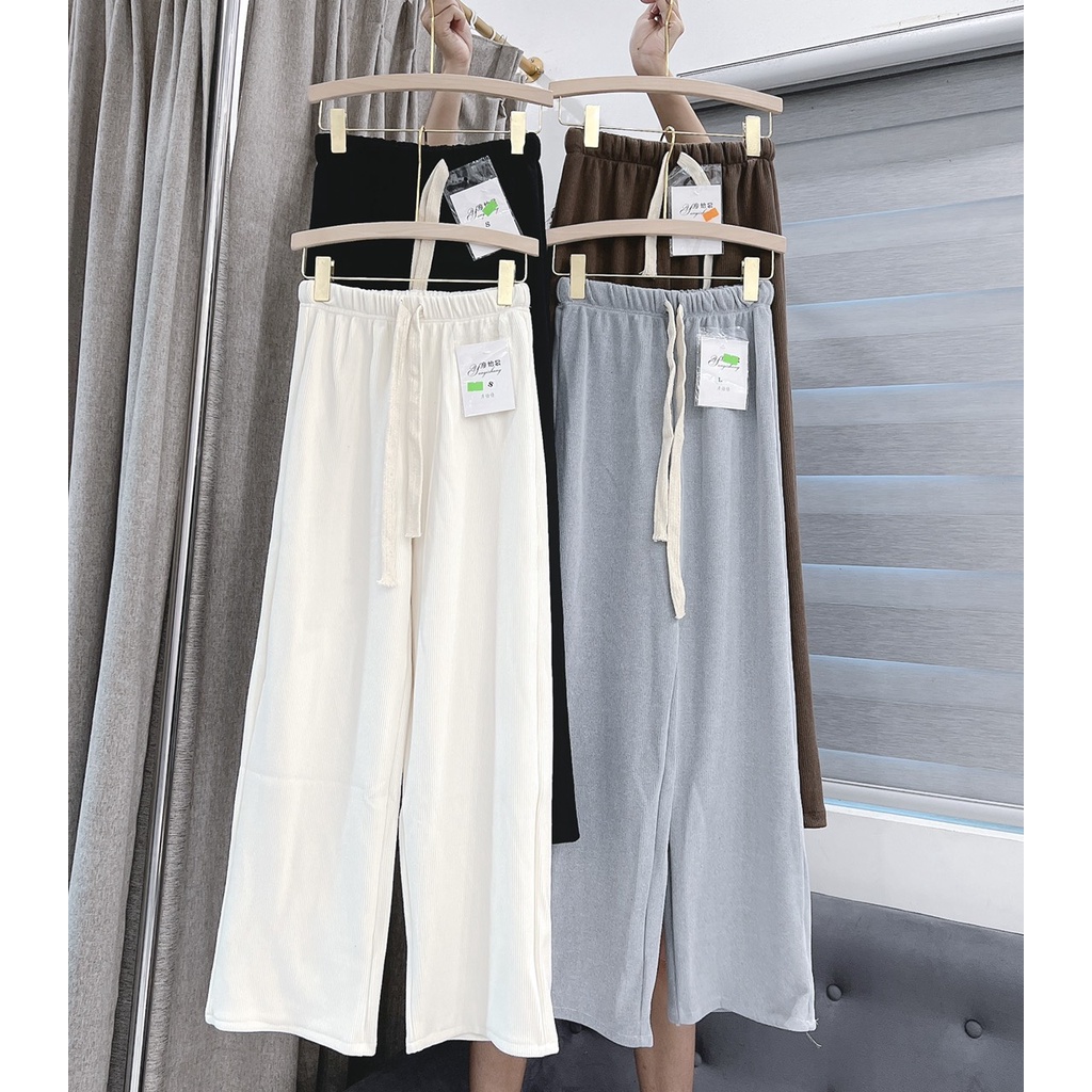 Quần Ống Rộng Cạp Chun Chất Nhung Tăm Dáng Rộng Nam Nữ Unisex Dáng Trơn Basic Vintage