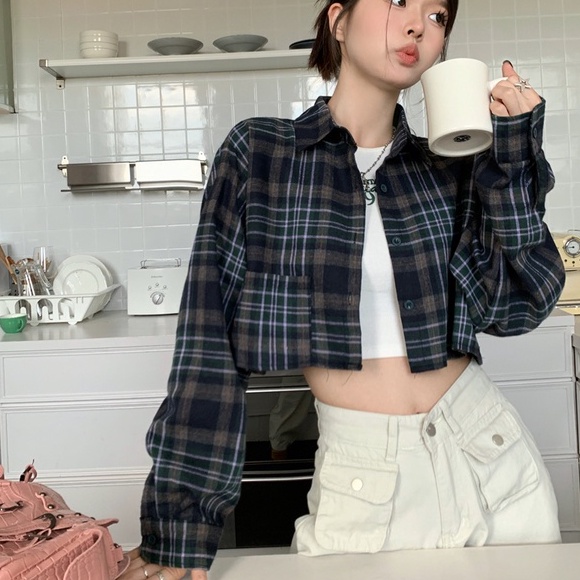 ZHELIHANGFEI Áo Sơ Mi Tay Dài Cổ Bẻ Họa Tiết Sọc Caro Phong Cách Retro