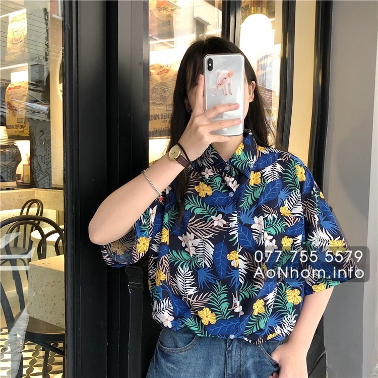 Áo Sơ Mi Hawaii Đi Biển Mềm Mát - Hoa Xanh Vàng Đỏ - Áo Đôi Đồng Phục Nhóm Lớp Team Building Hoạ Tiết Hoa Lá Trái Cây