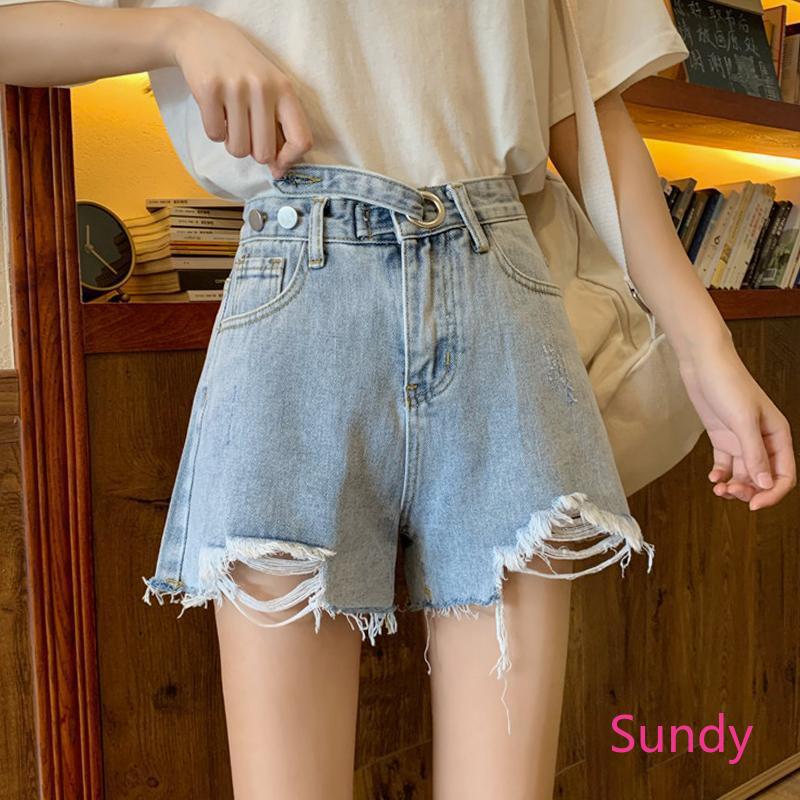 Quần short jean lưng cao dáng chữ A phối rách phong cách mùa hè thời trang cá tính cho nữ
