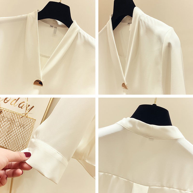 đầm xoèváy suông¤♤۞2021 áo sơ mi trắng mới xuân thu đông 2017 tính khí mỏng cổ chữ V dài tay màu trơn nữ siêu