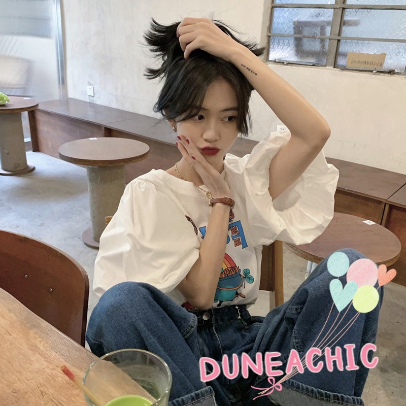 DUNEA Áo Thun Tay Ngắn Phồng Dáng Rộng Thời Trang Cho Nữ