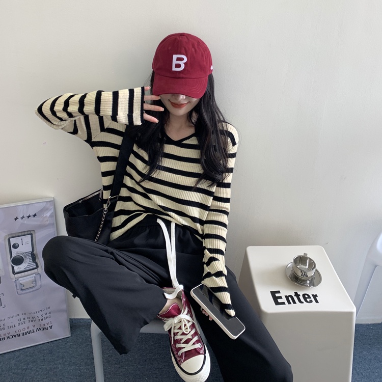 Áo dệt kim NZN tay dài cổ chữ V hoạ tiết kẻ sọc thiết kế thời trang