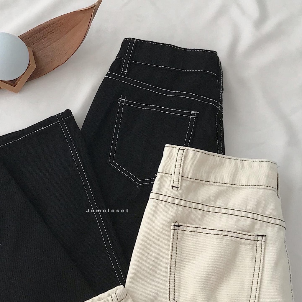 Quần Jeans Nữ Ống Đứng JEM CLOSET Cá Tính Quần Bò Ống Rộng JEON Chỉ Viền Style Năng Động Có Ba Màu Be Trắng Đen 2729