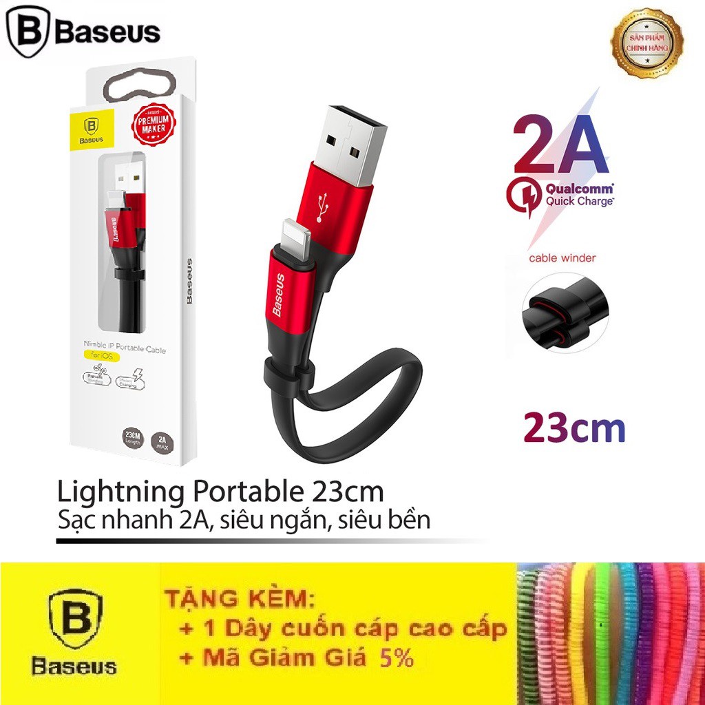 Dây Sạc Iphone💝CAO CẤP💝Cáp Sạc Baseus Lightning Portable 23cm (2A, Sạc nhanh, Siêu ngắn, Siêu bền) Hỗ Trợ Truyền Dữ Liệu