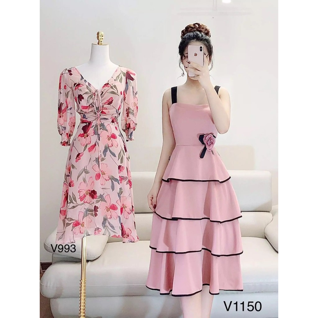 ĐẦM nữ thiết kế hai dây kiểu dáng ba tầng dễ thương có đính hoa hồng cực xinh