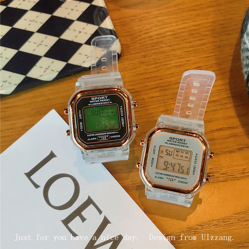 Đồng Hồ Điện Tử Trong Suốt Hình Vuông Nhỏ Phong Cách Mori Hàn Quốc Cao Cấp Dễ Phối Đồ
