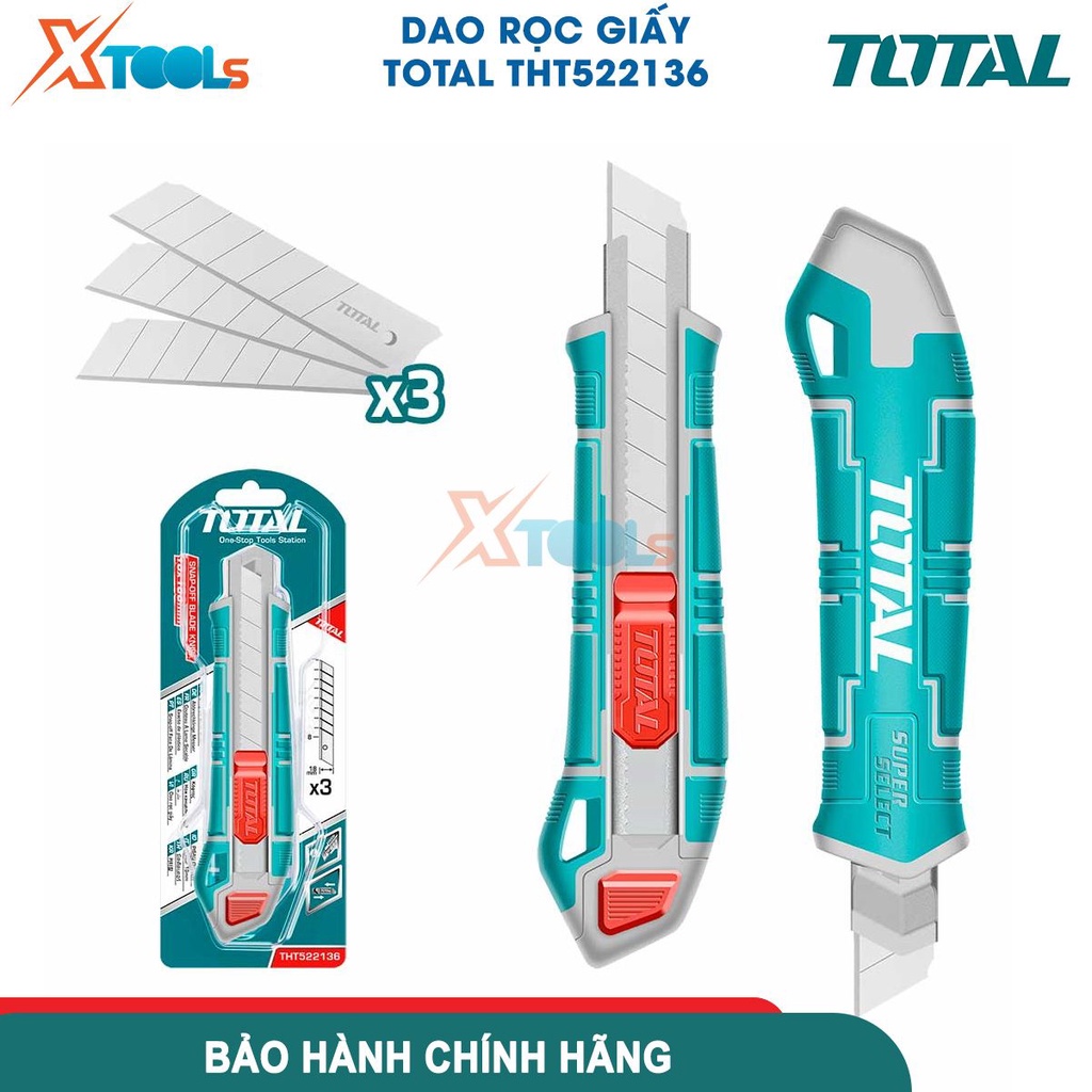 Dao rọc giấy 18x100mm TOTAL THT522136, dao cắt giấy có chiều dài 18mmx100mm, kèm 3 lưỡi SK5, với nút ấn dẹp [CHÍNH HÃNG]