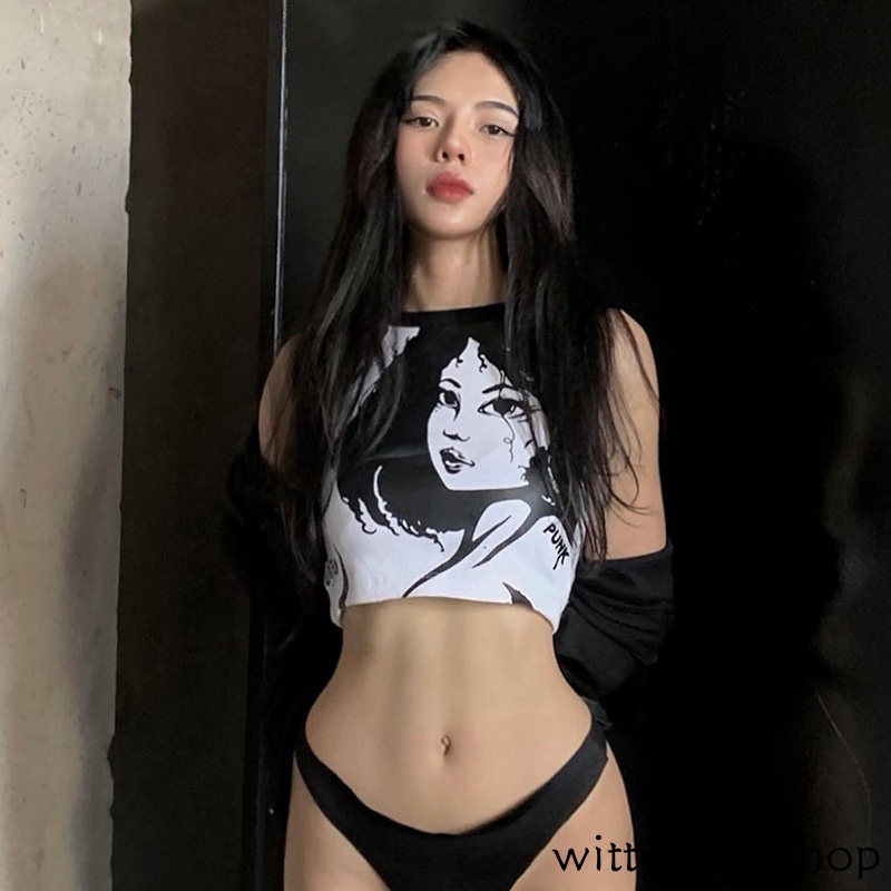 Áo Croptop Không Tay In Họa Tiết Chân Dung Thời Trang Dành Cho Nữ