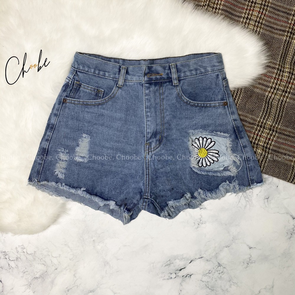 Quần short jean nữ Choobe trơn lưng cao thêu hình hoa cúc phong cách thời trang QSJ02 | BigBuy360 - bigbuy360.vn