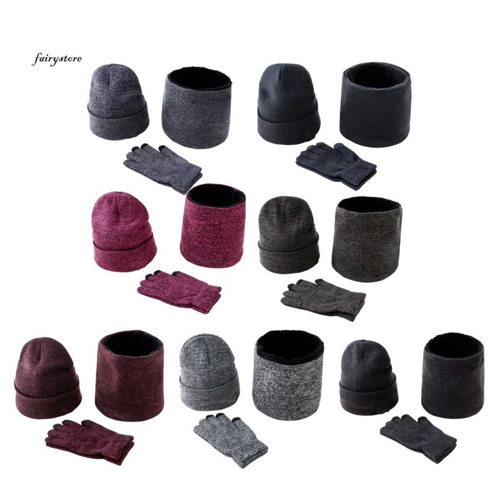Fairystore| Set 3 Món Găng Tay + Mũ + Găng Tay + Khăn Choàng Cổ Giữ Ấm Mùa Đông Cho Nam