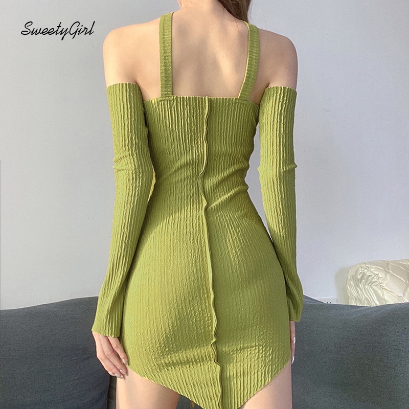 Đầm Ôm Hở Lưng Tay Dài Màu Sắc Trơn Dành Cho Nữ