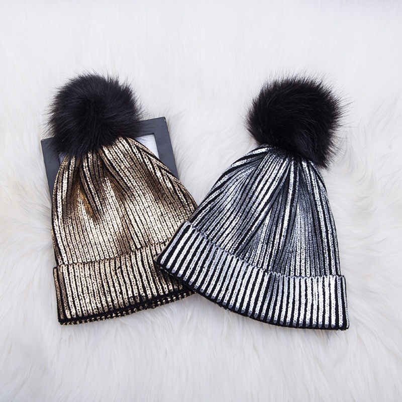 Mũ Beanie Dệt Kim Đính Bóng Lông Cho Nữ