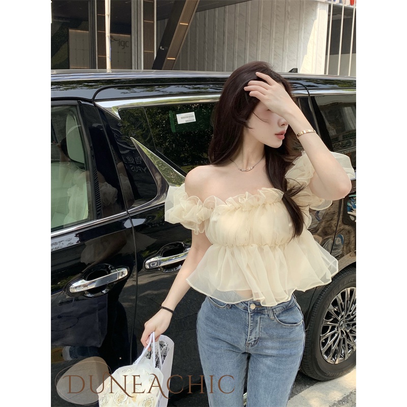 DUNEA Áo Kiểu Chiffon Tay Phồng Trễ Vai Phong Cách Quyến Rũ