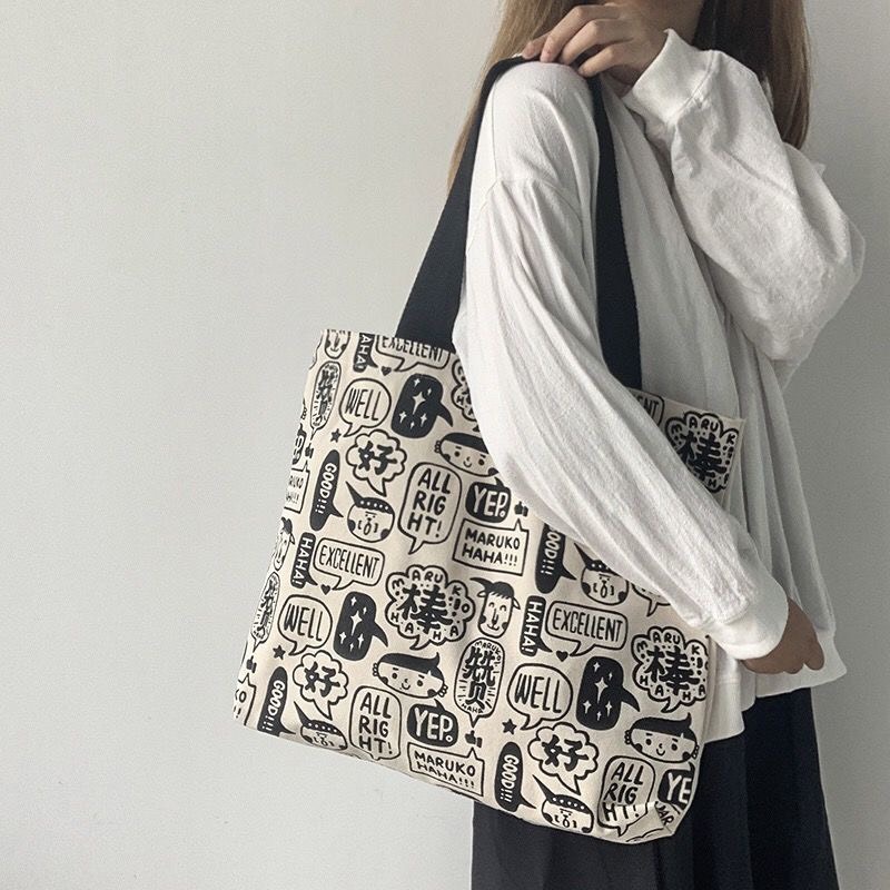 Túi vải canvas, túi tote đeo vai đẹp giá rẻ vừa A4 đi chơi phong cách hàn quốc PK 320