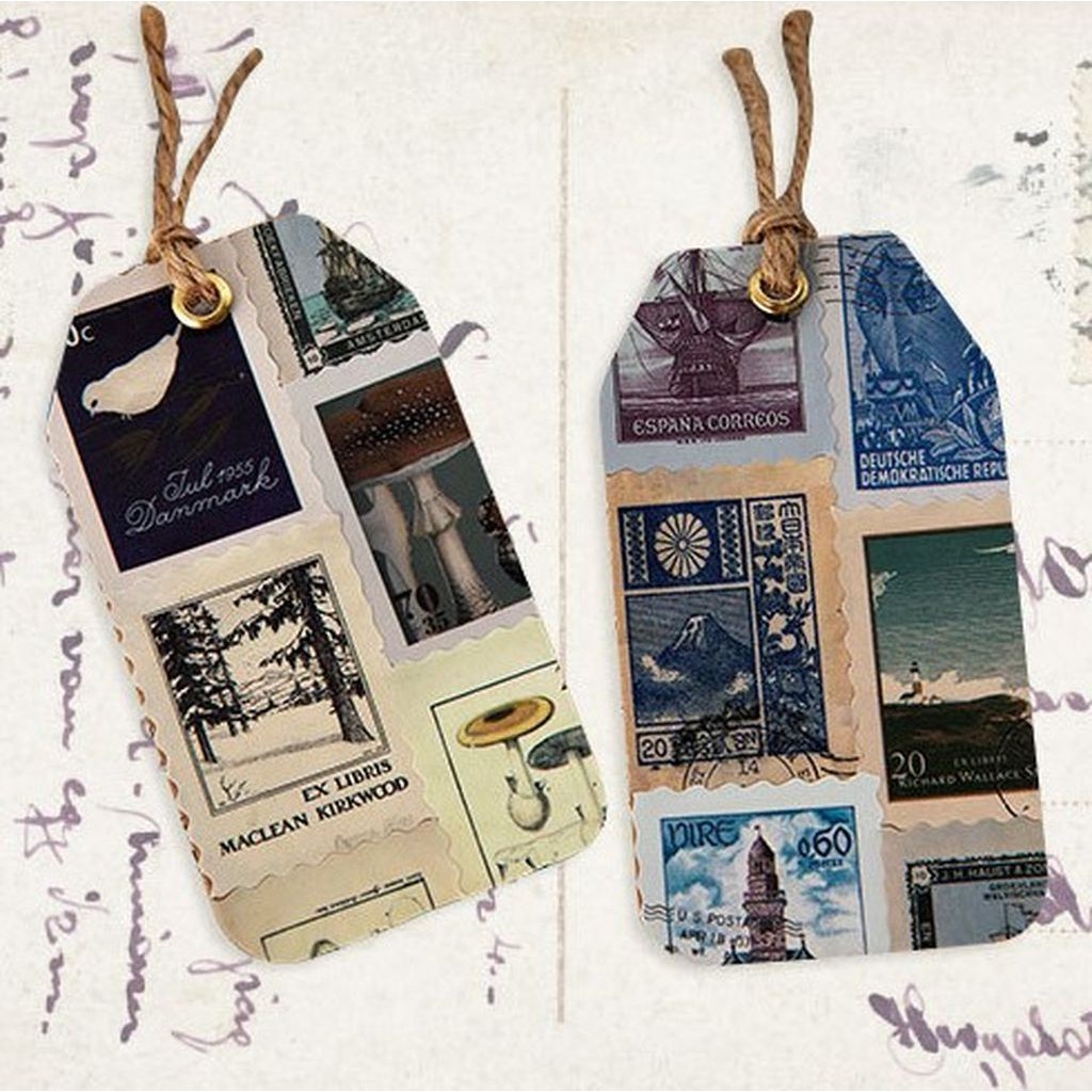 Set 46 sticker tem vintage hoa lá, butterfly, chuồn chuồn retro và phong cảnh màu sắc trang trí bì thư cổ điển