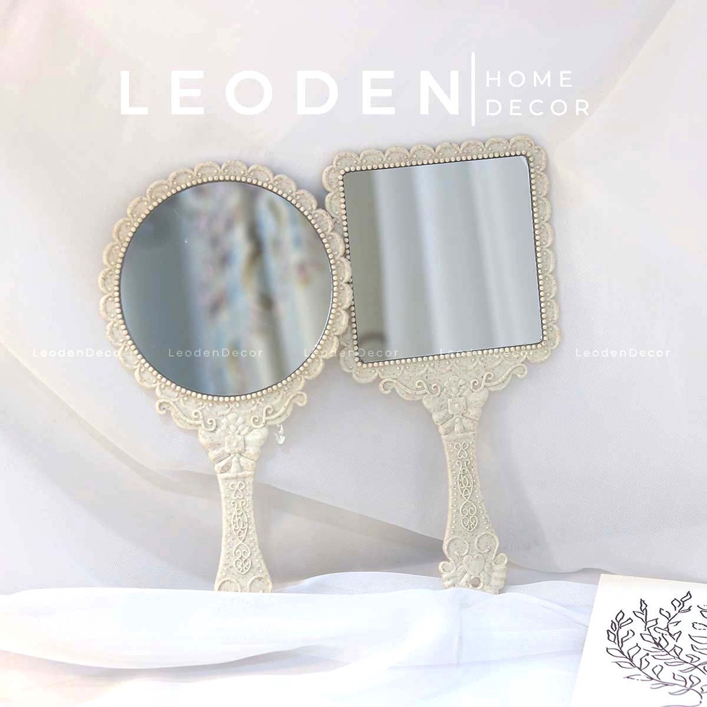 Gương cầm tay công chúa mini hoa văn vintage chạm khắc đẹp – LEODEN Decor