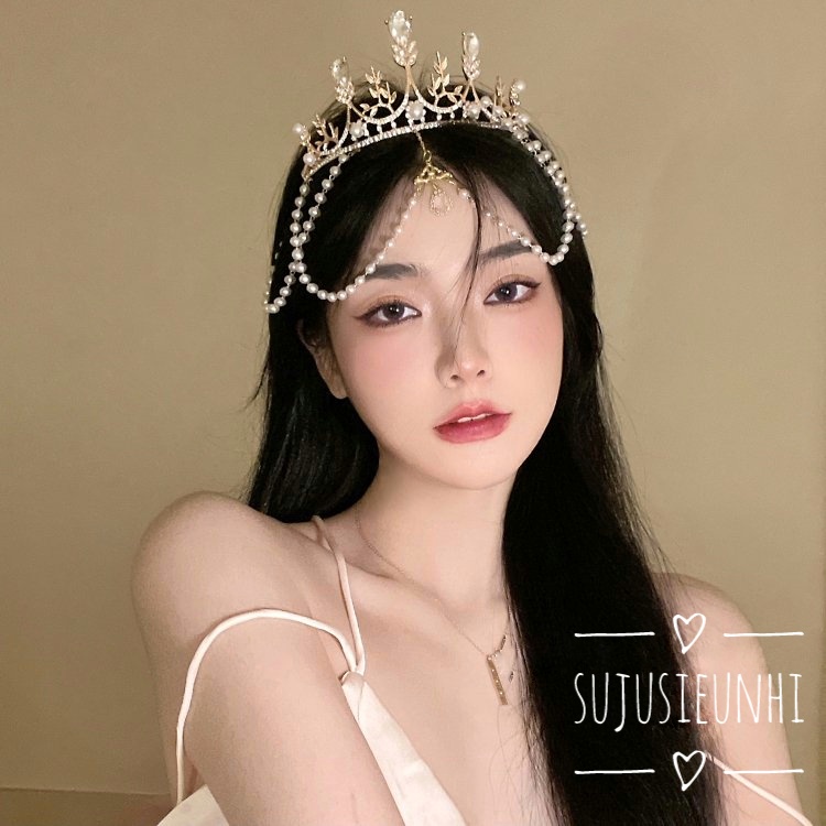 vương miện kèm chuỗi ngọc đính giọt nước trang trí trán lolita, cài tóc cô dâu, cosplay hóa trang